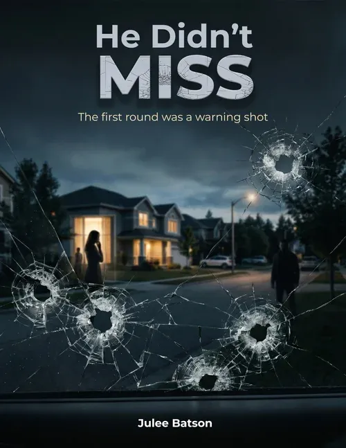 Cover of He Didn't Miss by Julee Batson: a suburban street seen through a windshield shattered by bullet holes