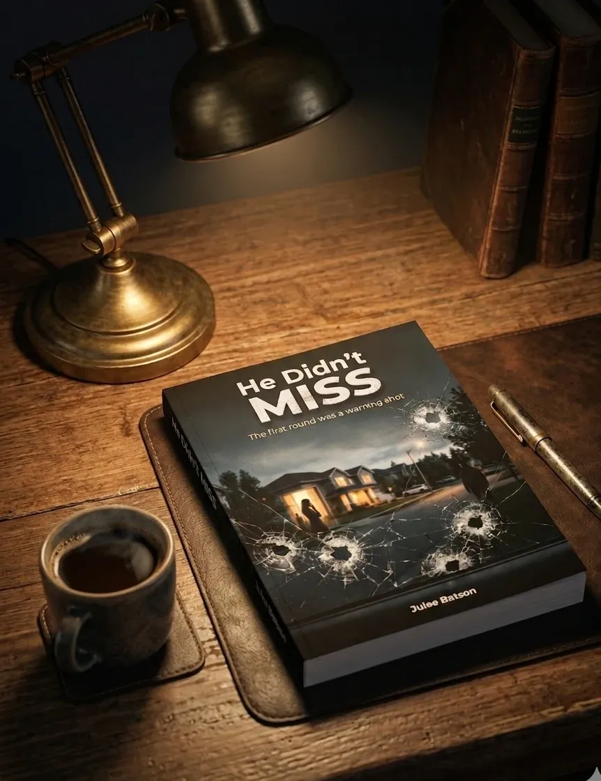 A paperback of He Didn't Miss on a wooden desk under a brass lamp, beside a coffee cup and pen